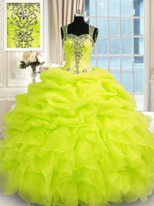 Discount Yellow Green Quinceanera Gown Military Ball and Sweet 16 and Quinceanera and For with Beading and Ruffles Straps Sleeveless Zipper