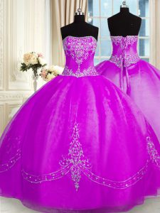 Classical Organza Strapless Sleeveless Lace Up Beading and Embroidery Sweet 16 Dress in Purple