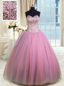 Hot Sale Sweetheart Sleeveless Ball Gown Prom Dress Floor Length Beading and Ruching Rose Pink Organza