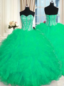 Sleeveless Floor Length Beading and Ruffles Lace Up Ball Gown Prom Dress with Turquoise