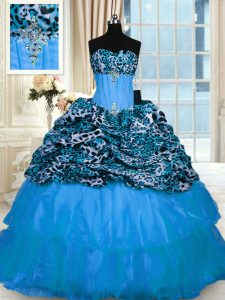 High Quality Baby Blue Ball Gowns Organza and Printed Sweetheart Sleeveless Beading and Ruffled Layers Lace Up Quince Ball Gowns Sweep Train