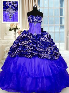 Printed Royal Blue Sleeveless Beading and Ruffled Layers and Sequins Lace Up Quinceanera Gowns