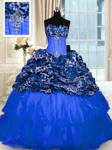 Classical Blue Organza and Printed Lace Up Quinceanera Gown Sleeveless Floor Length Beading and Sequins
