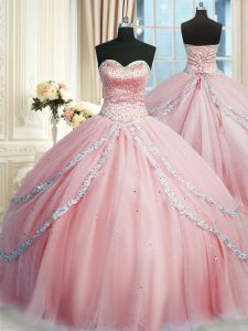 Sweetheart Sleeveless Quinceanera Dress With Train Court Train Beading and Appliques Pink Tulle