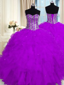 Gorgeous Purple Ball Gowns Beading and Ruffles Quinceanera Gowns Lace Up Organza Sleeveless Floor Length