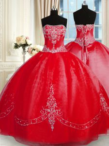 Floor Length Lace Up Ball Gown Prom Dress Red for Military Ball and Sweet 16 and Quinceanera with Beading and Embroidery