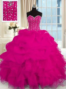 Fuchsia Organza Lace Up Sweetheart Sleeveless Floor Length Quince Ball Gowns Beading and Ruffles