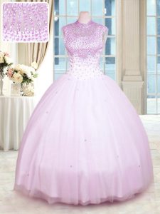 Lilac Zipper High-neck Beading Quinceanera Gown Tulle Sleeveless
