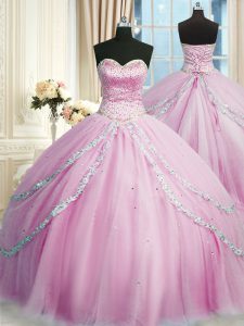 With Train Lace Up Quince Ball Gowns Lilac for Military Ball and Sweet 16 and Quinceanera with Beading and Appliques Court Train