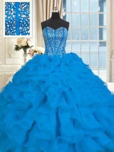 Admirable With Train Blue Party Dress Sweetheart Sleeveless Brush Train Lace Up