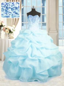 Baby Blue Organza Lace Up Sweetheart Sleeveless Floor Length Quinceanera Gown Beading and Ruffles