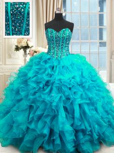 Fashionable Sweetheart Sleeveless Organza Dama Dress for Quinceanera Beading and Ruffles and Sequins Lace Up