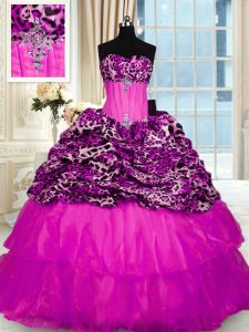 Fuchsia Ball Gowns Beading and Ruffled Layers and Sequins 15th Birthday Dress Lace Up Organza and Printed Sleeveless