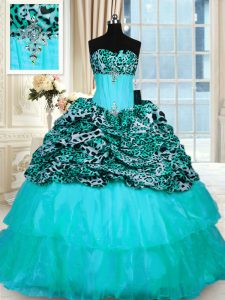 Aqua Blue Ball Gowns Organza and Printed Strapless Sleeveless Beading and Ruffled Layers Lace Up Quince Ball Gowns Sweep Train