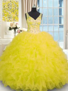 Glorious Yellow Organza Zipper Quince Ball Gowns Sleeveless Floor Length Beading and Ruffles