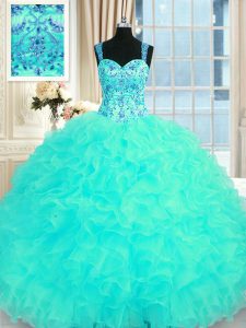 New Style Aqua Blue Ball Gowns Straps Sleeveless Organza Floor Length Lace Up Embroidery and Ruffles Quinceanera Dress