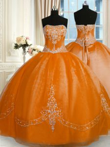Dramatic Rust Red Ball Gowns Beading and Embroidery Quinceanera Dresses Lace Up Organza Sleeveless Floor Length