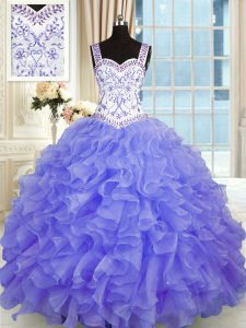 Purple Ball Gowns Sweetheart Sleeveless Organza Floor Length Lace Up Beading and Appliques and Ruffles Quinceanera Dresses