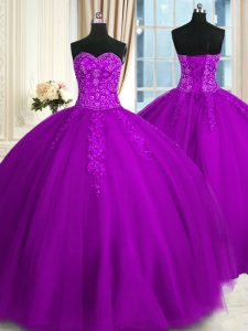 Deluxe Purple Sweetheart Neckline Appliques and Embroidery Quince Ball Gowns Sleeveless Lace Up