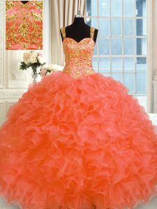 Glamorous Orange Red Lace Up 15 Quinceanera Dress Embroidery and Ruffles Sleeveless Floor Length