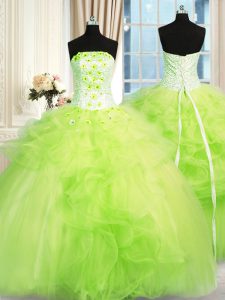 Glittering Floor Length Ball Gown Prom Dress Strapless Sleeveless Lace Up