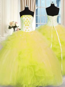Yellow Green Quinceanera Dress Military Ball and Sweet 16 and Quinceanera and For with Beading and Ruffles Strapless Sleeveless Lace Up