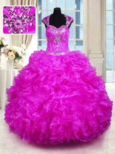 Cap Sleeves Beading and Ruffles Lace Up Sweet 16 Dresses