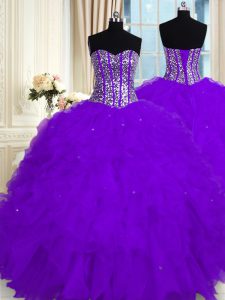 Floor Length Lace Up Ball Gown Prom Dress Eggplant Purple for Military Ball and Sweet 16 and Quinceanera with Beading and Ruffles