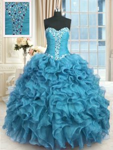 Custom Designed Baby Blue 15 Quinceanera Dress Military Ball and Sweet 16 and Quinceanera and For with Beading and Ruffles Sweetheart Sleeveless Lace Up