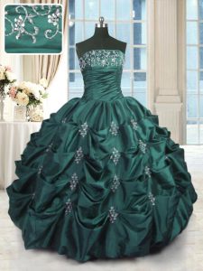 Pick Ups Strapless Sleeveless Lace Up Ball Gown Prom Dress Peacock Green Taffeta