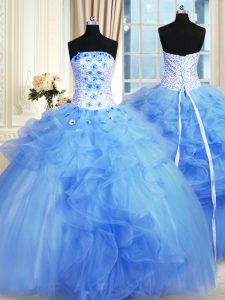 Blue Sleeveless Pick Ups and Hand Made Flower Floor Length Ball Gown Prom Dress
