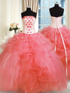 Watermelon Red Tulle Lace Up Quinceanera Dresses Sleeveless Floor Length Pick Ups and Hand Made Flower