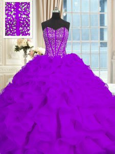 Brush Train Ball Gowns Quinceanera Gown Eggplant Purple Sweetheart Organza Sleeveless With Train Lace Up