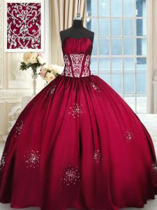 Wine Red Strapless Lace Up Beading and Appliques and Ruching Vestidos de Quinceanera Sleeveless