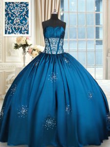 Artistic Blue and Teal Ball Gowns Beading and Appliques and Ruching Sweet 16 Quinceanera Dress Lace Up Taffeta Sleeveless Floor Length