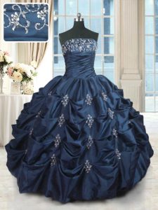 Pick Ups Ball Gowns Quince Ball Gowns Navy Blue Strapless Taffeta Sleeveless Floor Length Lace Up