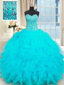 Fashionable Baby Blue Lace Up Strapless Beading and Ruffles Quinceanera Gown Organza Sleeveless