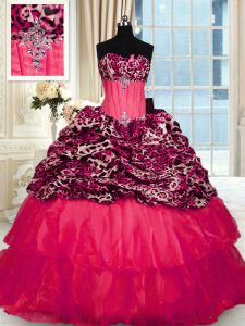 Red Organza and Printed Lace Up Strapless Sleeveless Party Dress for Girls Sweep Train Beading and Ruffled Layers