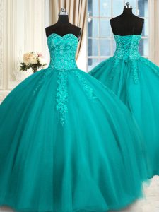 Teal Ball Gowns Appliques and Embroidery Quinceanera Dress Lace Up Tulle Sleeveless Floor Length