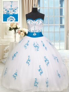 Embroidery and Belt Quinceanera Dresses White Lace Up Sleeveless Floor Length