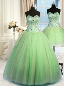 Three Piece Sleeveless Organza Floor Length Lace Up Quinceanera Dress in with Beading and Ruching