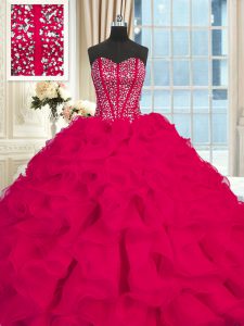 On Sale Sweetheart Sleeveless Brush Train Lace Up Quinceanera Dresses Red Organza