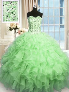 Captivating Apple Green Sleeveless Floor Length Beading and Ruffles Lace Up Sweet 16 Dress
