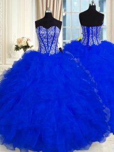 Chic Royal Blue Ball Gowns Beading and Ruffles Quinceanera Gown Lace Up Organza Sleeveless Floor Length