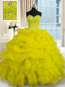 Discount Yellow Ball Gown Prom Dress Military Ball and Sweet 16 and Quinceanera and For with Beading and Ruffles Sweetheart Sleeveless Lace Up