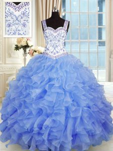 Blue Ball Gowns Sweetheart Sleeveless Organza Floor Length Lace Up Beading and Appliques and Ruffles Sweet 16 Dress
