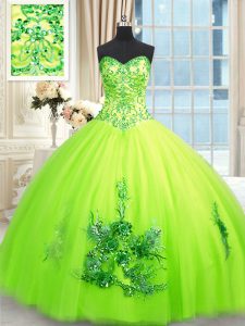 Luxury Beading and Appliques and Embroidery Sweet 16 Quinceanera Dress Yellow Green Lace Up Sleeveless Floor Length