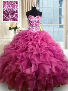 Fuchsia Ball Gowns Organza Sweetheart Sleeveless Beading and Ruffles Floor Length Lace Up Sweet 16 Dresses