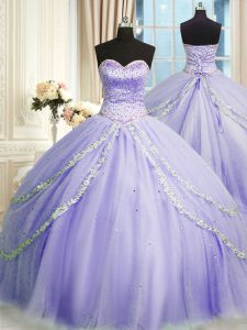 On Sale Lavender Ball Gowns Tulle Sweetheart Sleeveless Beading and Appliques With Train Lace Up Quinceanera Dress Court Train