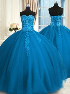 Sumptuous Teal Tulle Lace Up 15 Quinceanera Dress Sleeveless Floor Length Appliques and Embroidery